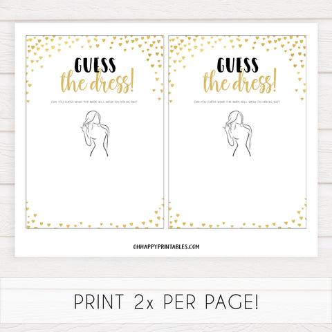 Gold hearts bachelorette games, guess the dress game, printable bachelorette games, hen party games, top party games, fun bridal shower games, bachelorette party games