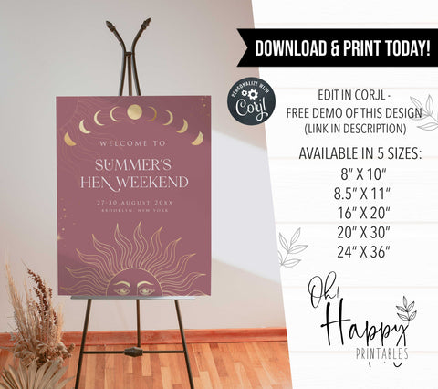 Fully editable and printable hen party weekend welcome sign with a celestial design. Perfect for a celestial bridal shower themed party