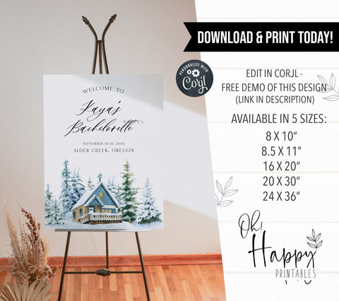 Fully editable and printable mountain cabin welcome signs with a mountain design. Perfect for a snowy cabin mountain bridal shower