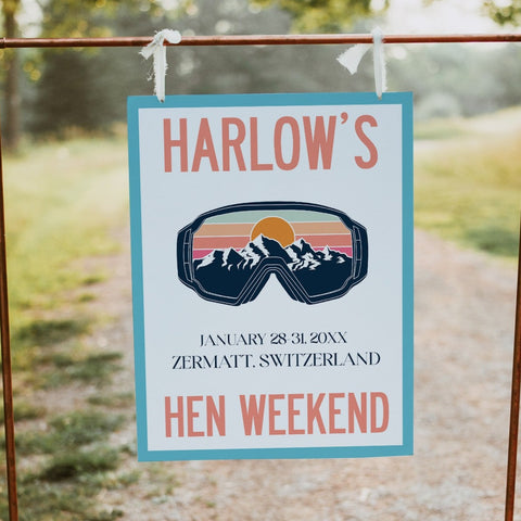 Fully editable and printable bachelorette weekend welcome sign with a ski slopes design. Perfect for a aspen ski slopes bachelorette themed party