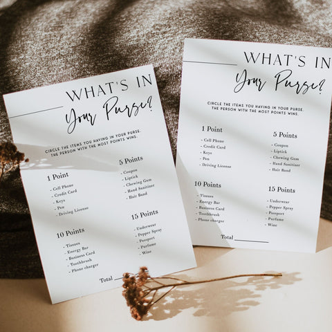 Printable baby shower game What's In Your Purse with a modern minimalist design