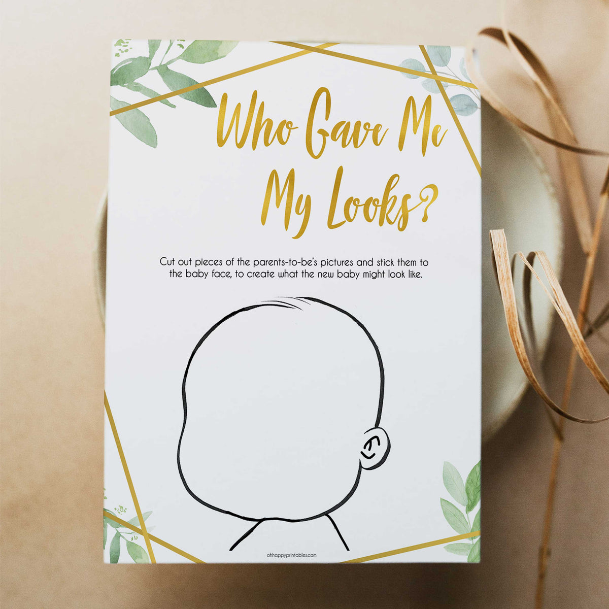 gold geometric who gave me my looks baby shower games, printable baby shower games, fun baby games, popular baby games, gold baby games