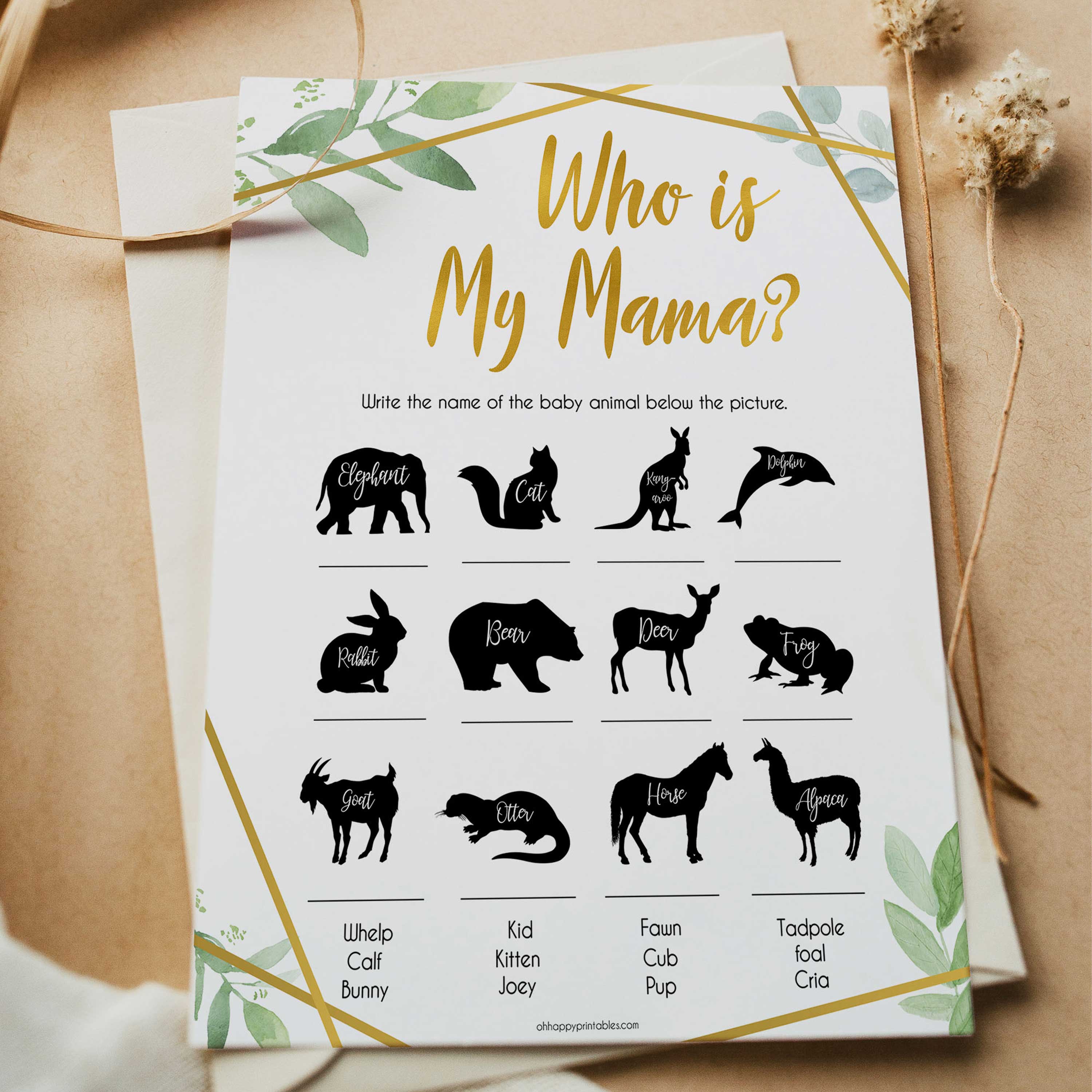 gold geometric who is my mama baby shower games, printable baby shower games, fun baby games, popular baby games, gold baby games