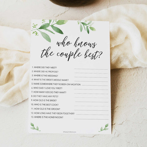 Who Knows the Couple Best in Greenery | Shop Bridal Shower Games ...