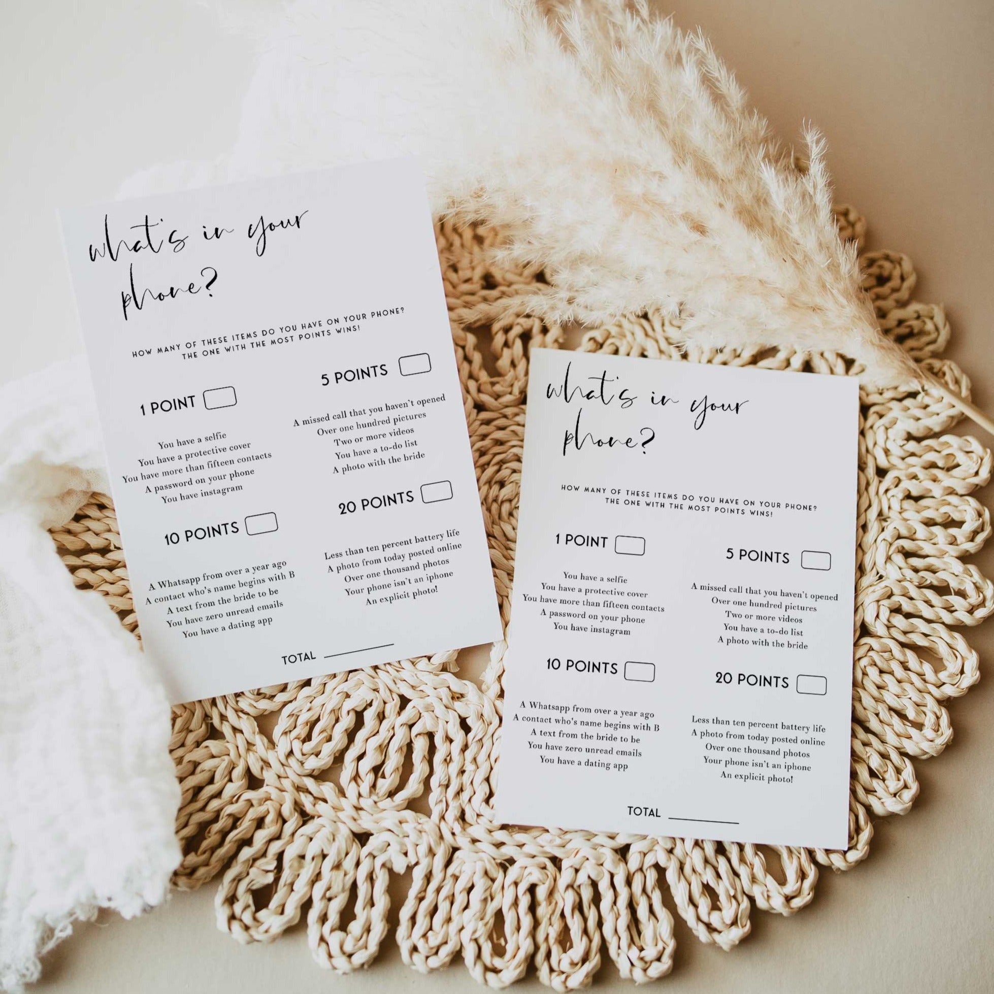 Fully editable and printable bridal shower what's in your phone game with a modern minimalist design. Perfect for a modern simple bridal shower themed party